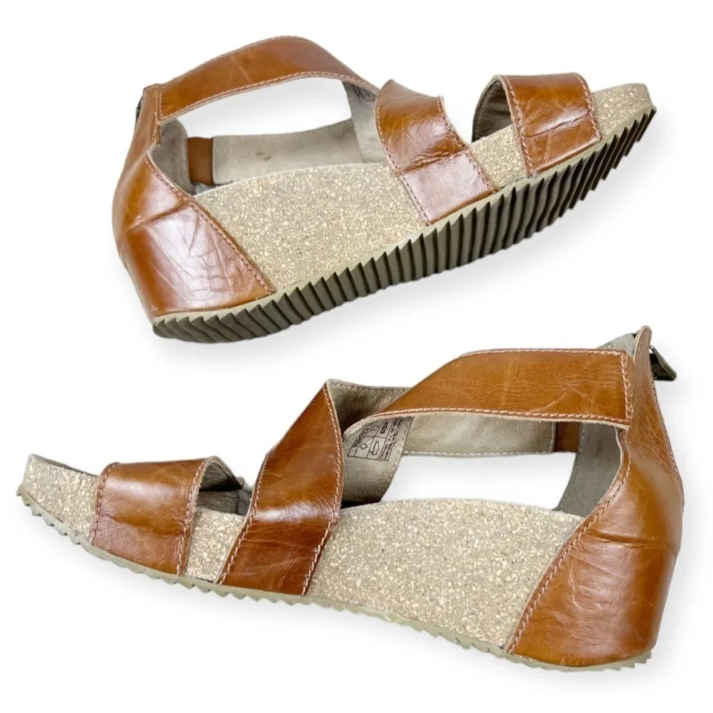 JOSEF Seibel Meike 05 Leather Kork Wedge Sandals 41 Camel Brown
